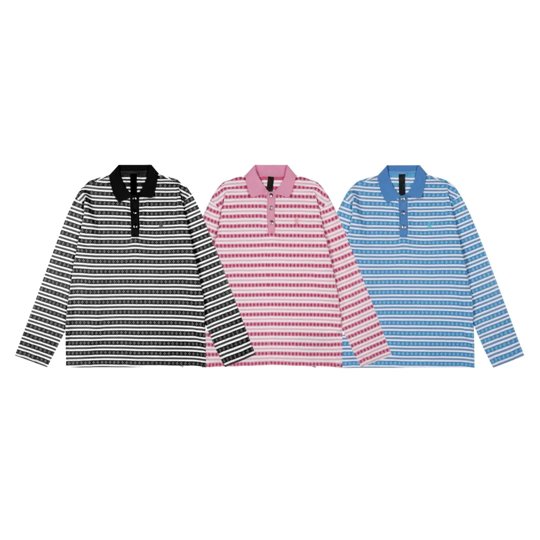 P210 White background picture [Popular item] Code: 25020# Color: Black/Pink/Blue Size: S to - CH Croix heart niche design cross jacquard striped long sleeves brings striped Polo to Next Levels. Loose fit. Same style for men and women. Lazy and casual. Street style. Three colors. Customized style.
